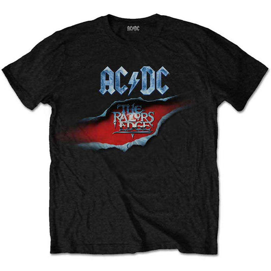 Black AC/DC t-shirt with “The Razors Edge” album art worn by a man.