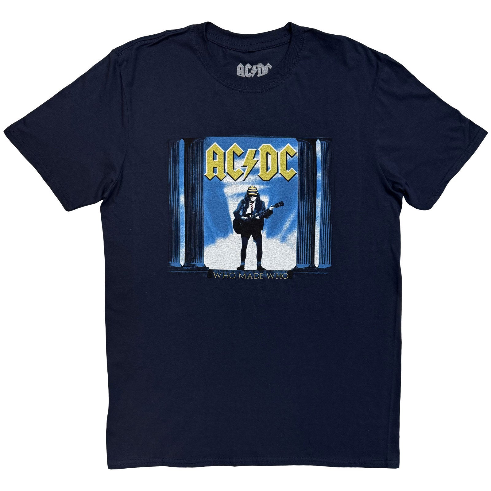 Man wearing a navy blue AC/DC t-shirt with album art.