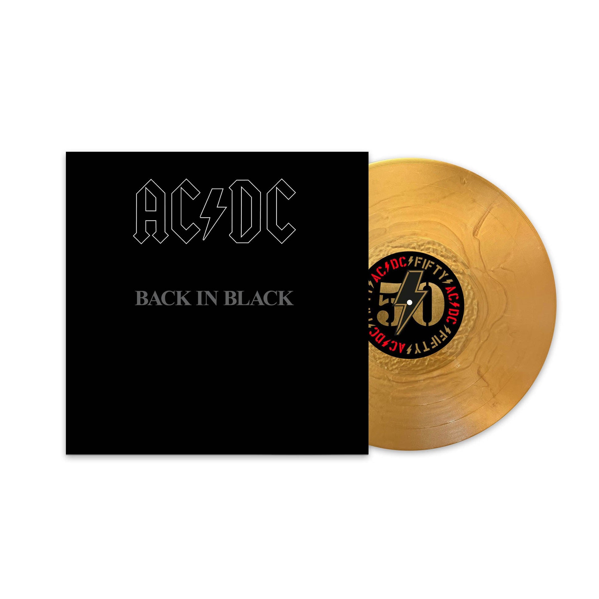 AC/DC Back in Black album cover next to a gold vinyl record.