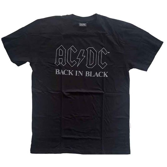 Man wearing a black AC/DC "Back in Black" band logo t-shirt.