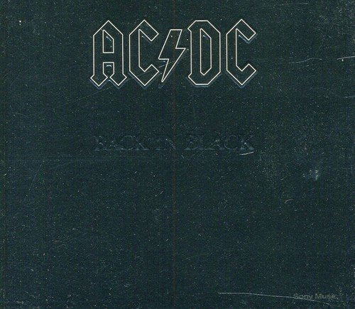 "AC/DC vinyl record with black cover, partially protruding from sleeve, on white background."