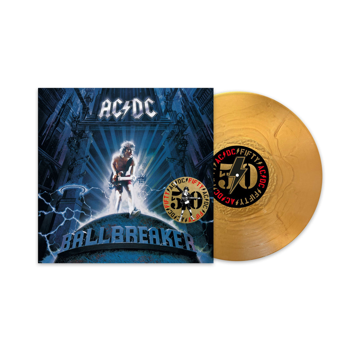 AC/DC “Ballbreaker” 50th Anniversary gold vinyl record and album cover.