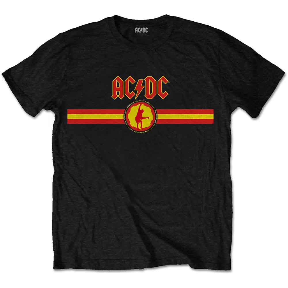 Black AC/DC t-shirt with logo and striped design on chest.
