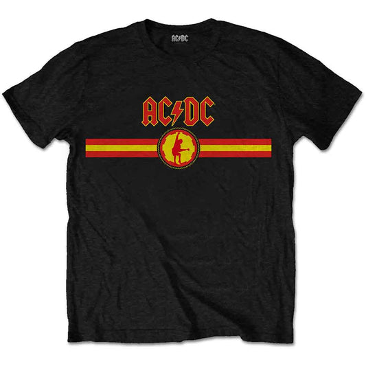 Black AC/DC t-shirt with logo and striped design on chest.