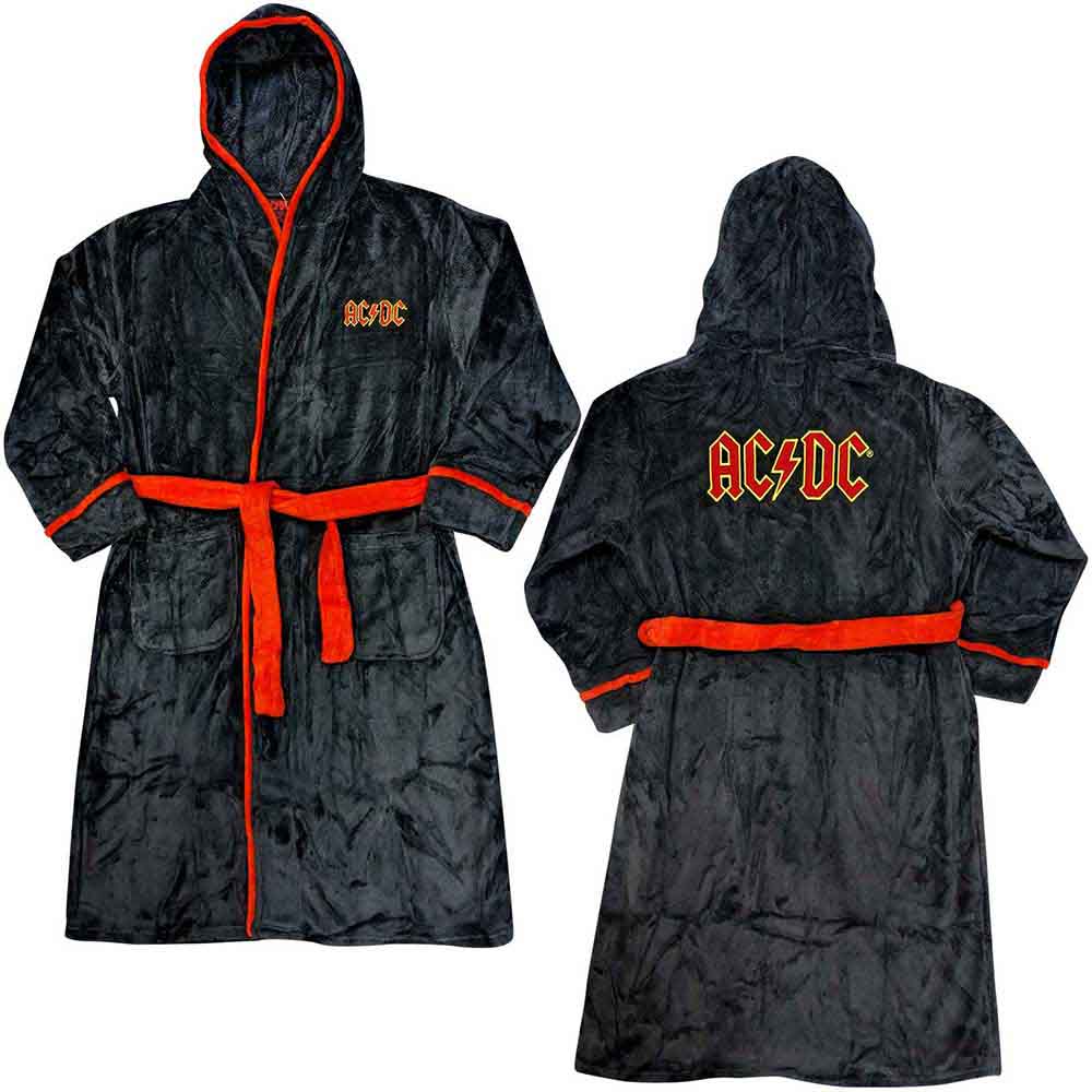 Black AC/DC bathrobe with orange trim, worn by a man.