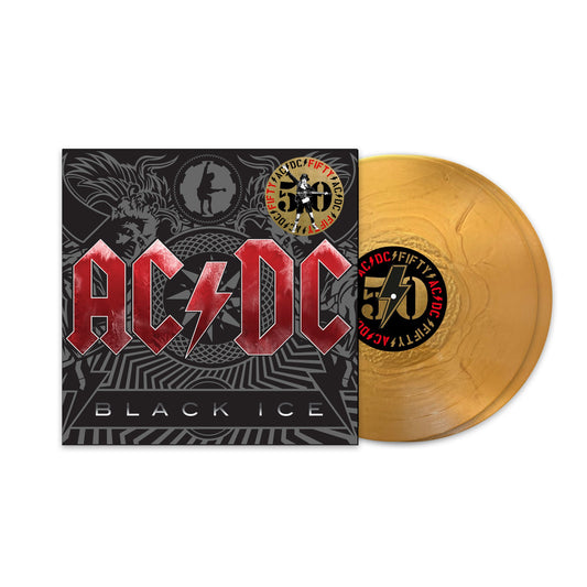 AC/DC “Black Ice” vinyl record, black cover with gold record label.