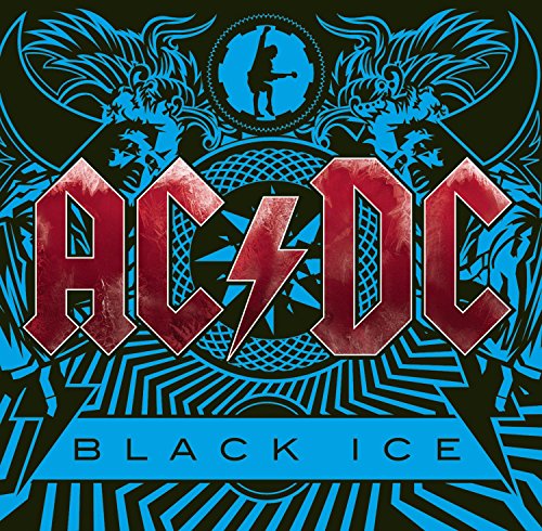 AC/DC “Black Ice” vinyl album cover with red logo and blue design.
