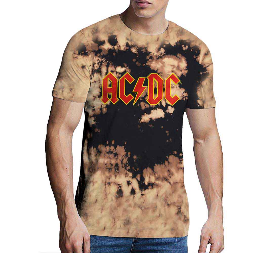 Black AC/DC t-shirt with red logo and distressed snow wash effect.
