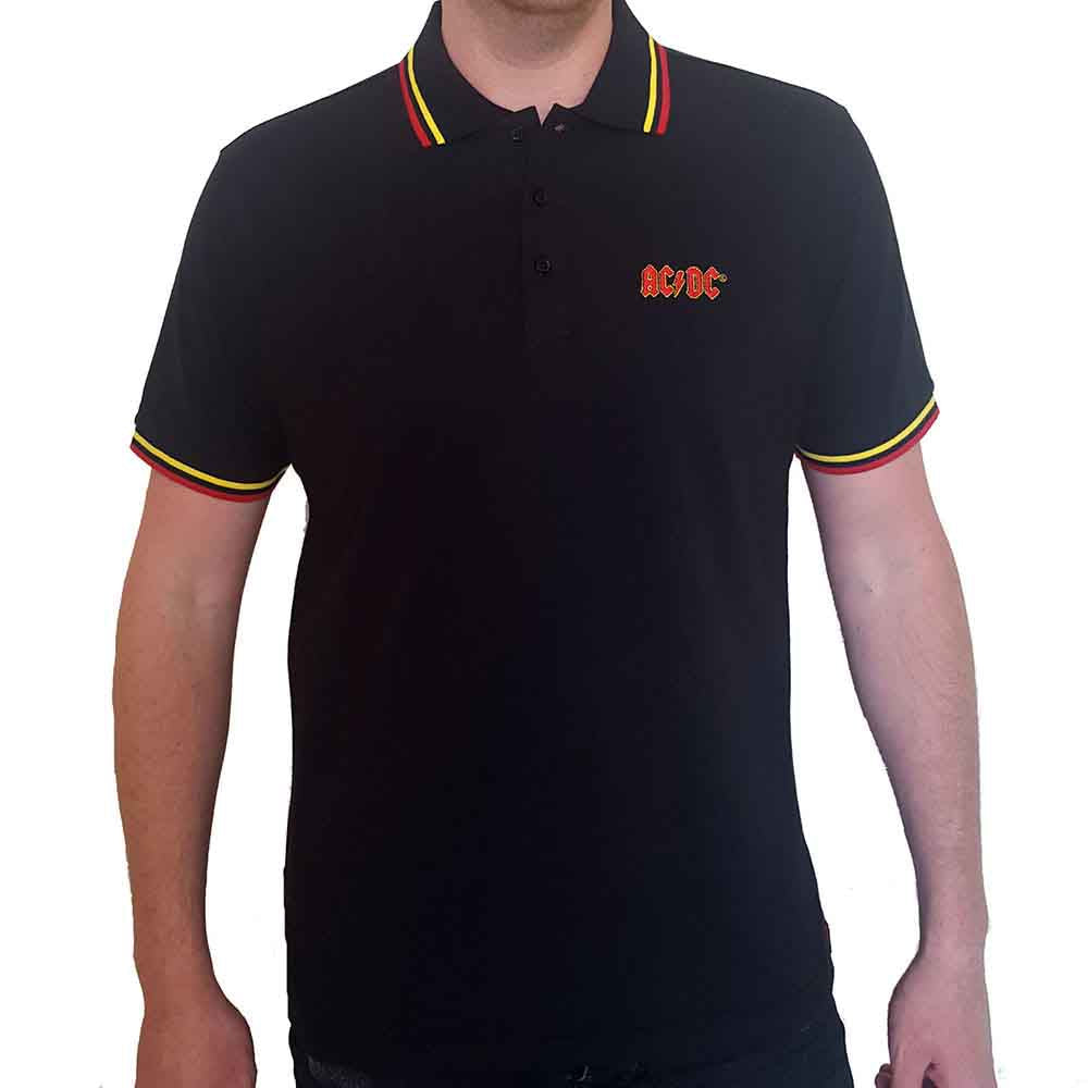 Black AC/DC polo shirt with red and yellow collar trim.