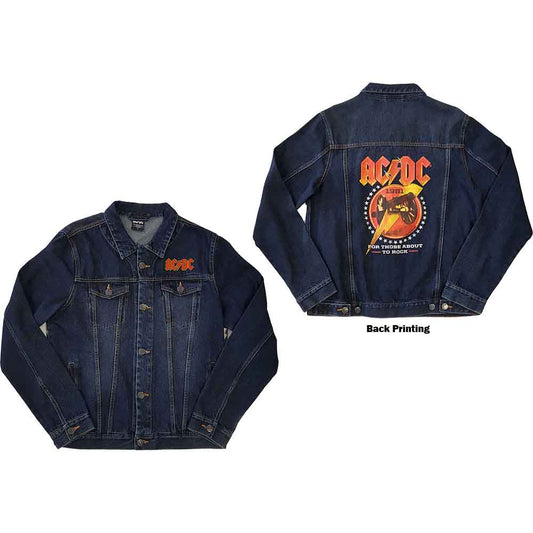 Man wearing a blue denim jacket with AC/DC logo patch.