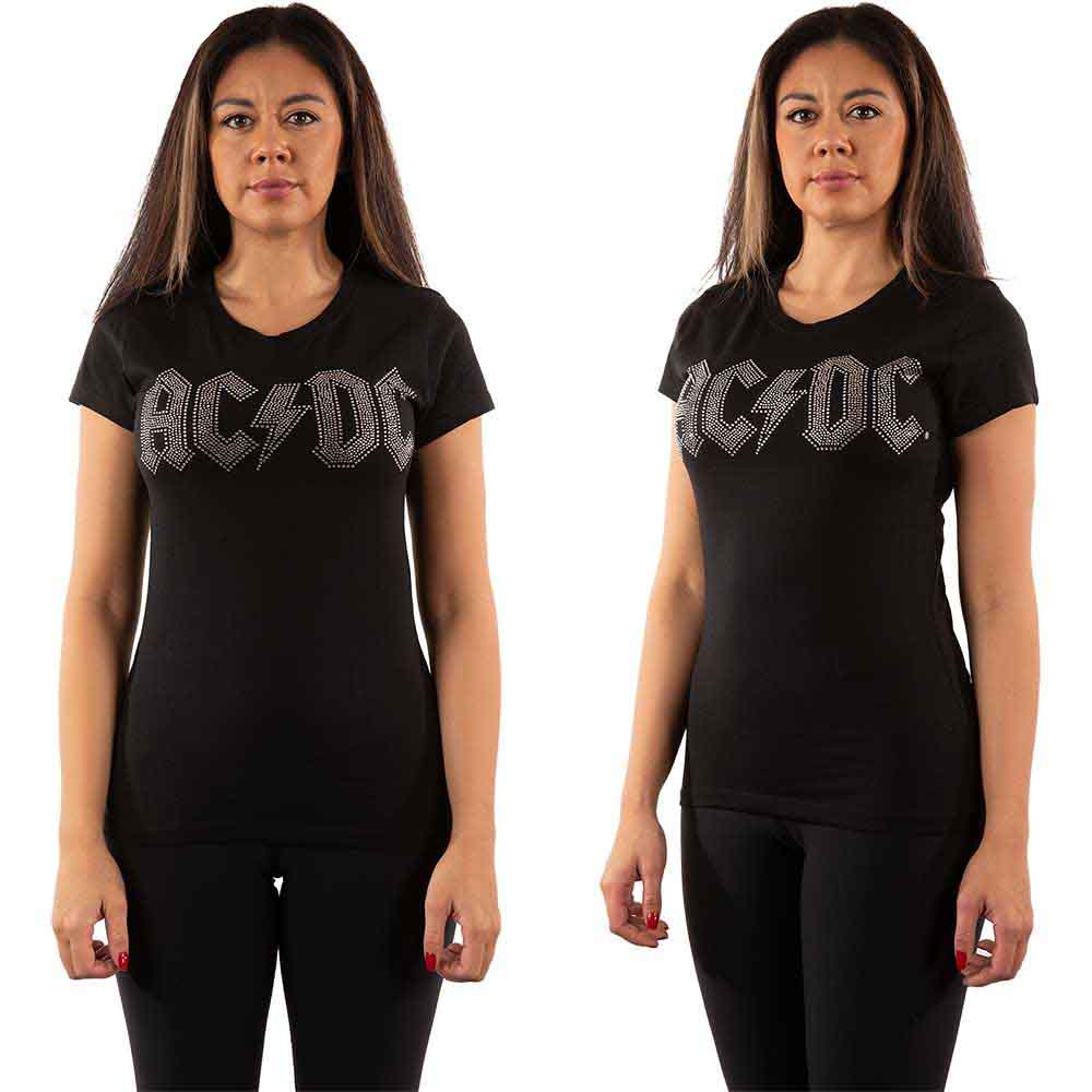 Black women's t-shirt with rhinestone "AC/DC" logo, shown on a model.