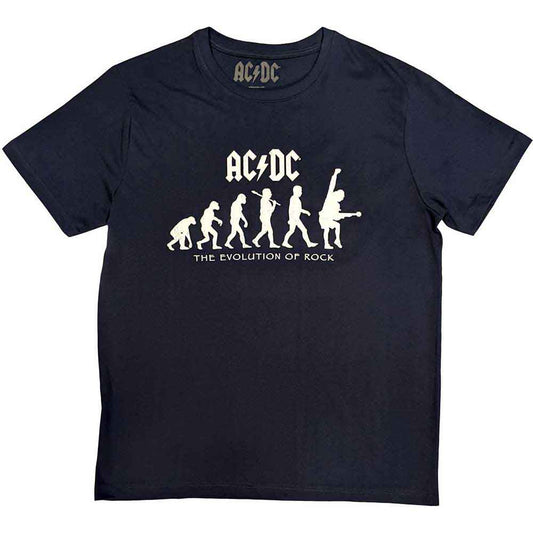 Navy AC/DC t-shirt with an evolutionary graphic of rock musicians.