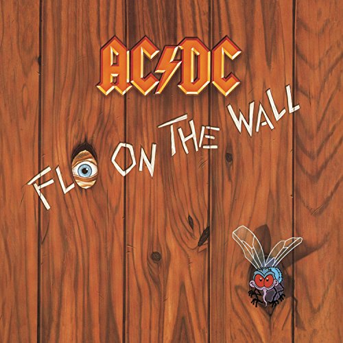 AC/DC “Fly On The Wall” album cover with woodgrain and a fly.