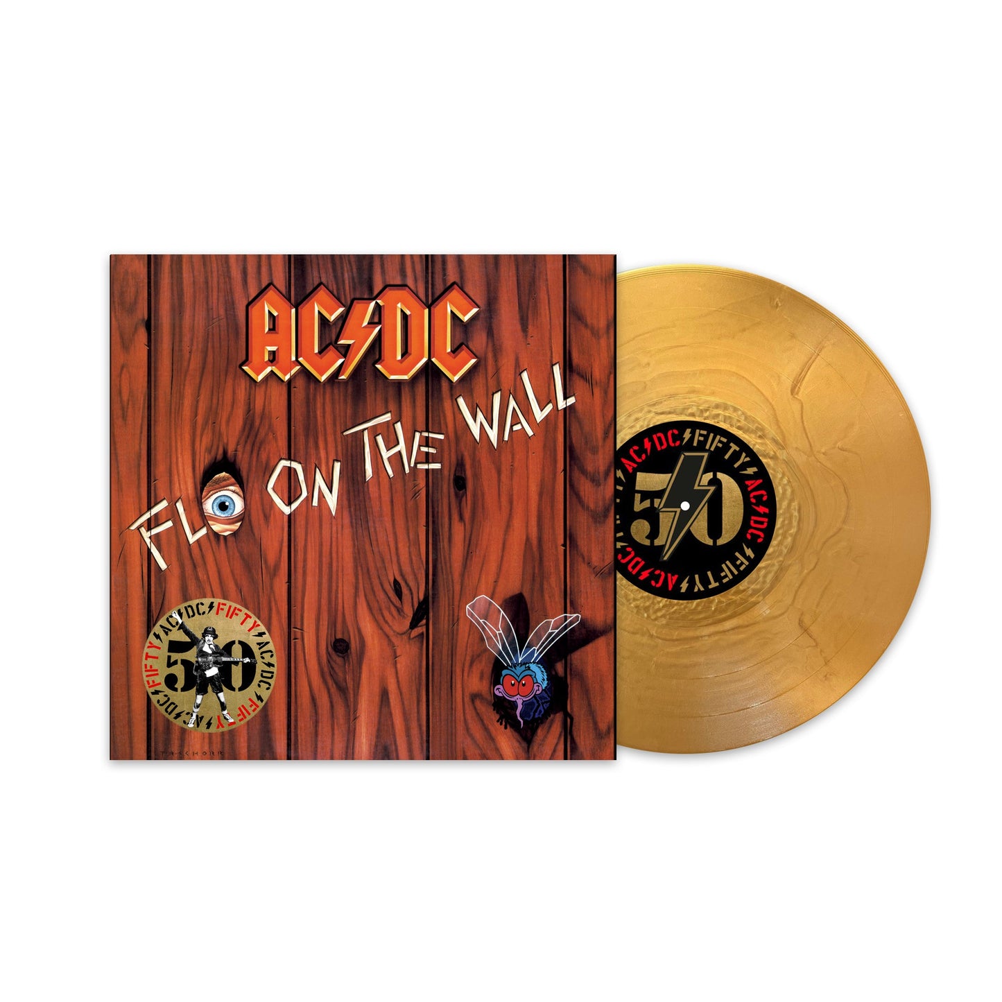 AC/DC “Fly On The Wall” vinyl record with woodgrain cover and yellow disc.