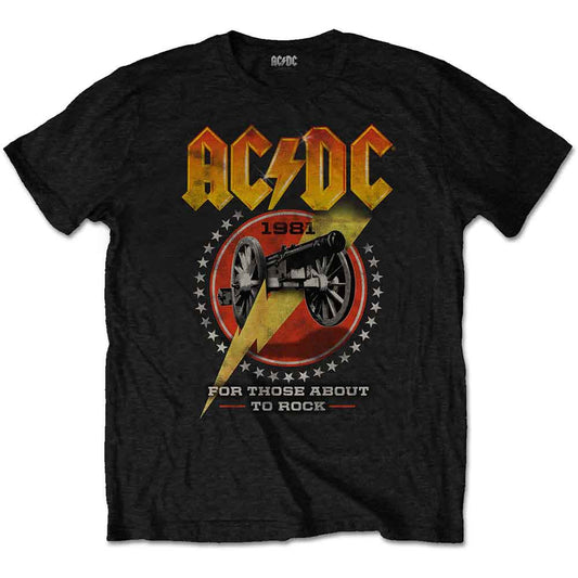 A man wearing a black AC/DC band t-shirt with a cannon and lightning bolt graphic.