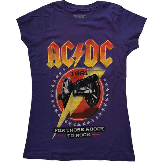 Purple AC/DC t-shirt with 1981 album artwork, worn by a woman.
