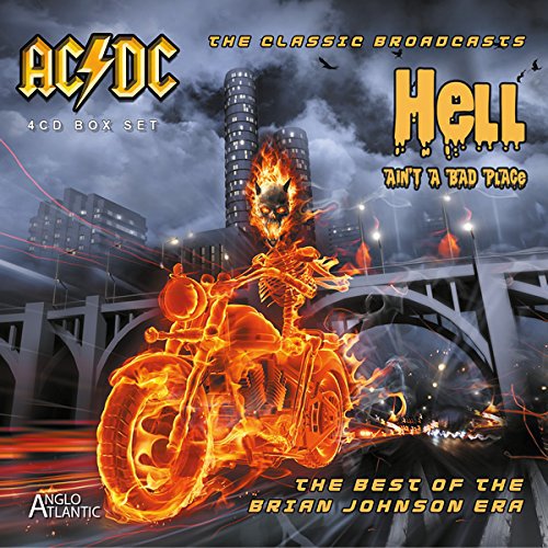 AC/DC "Hell Ain't A Bad Place" CD cover with fiery skeleton biker.