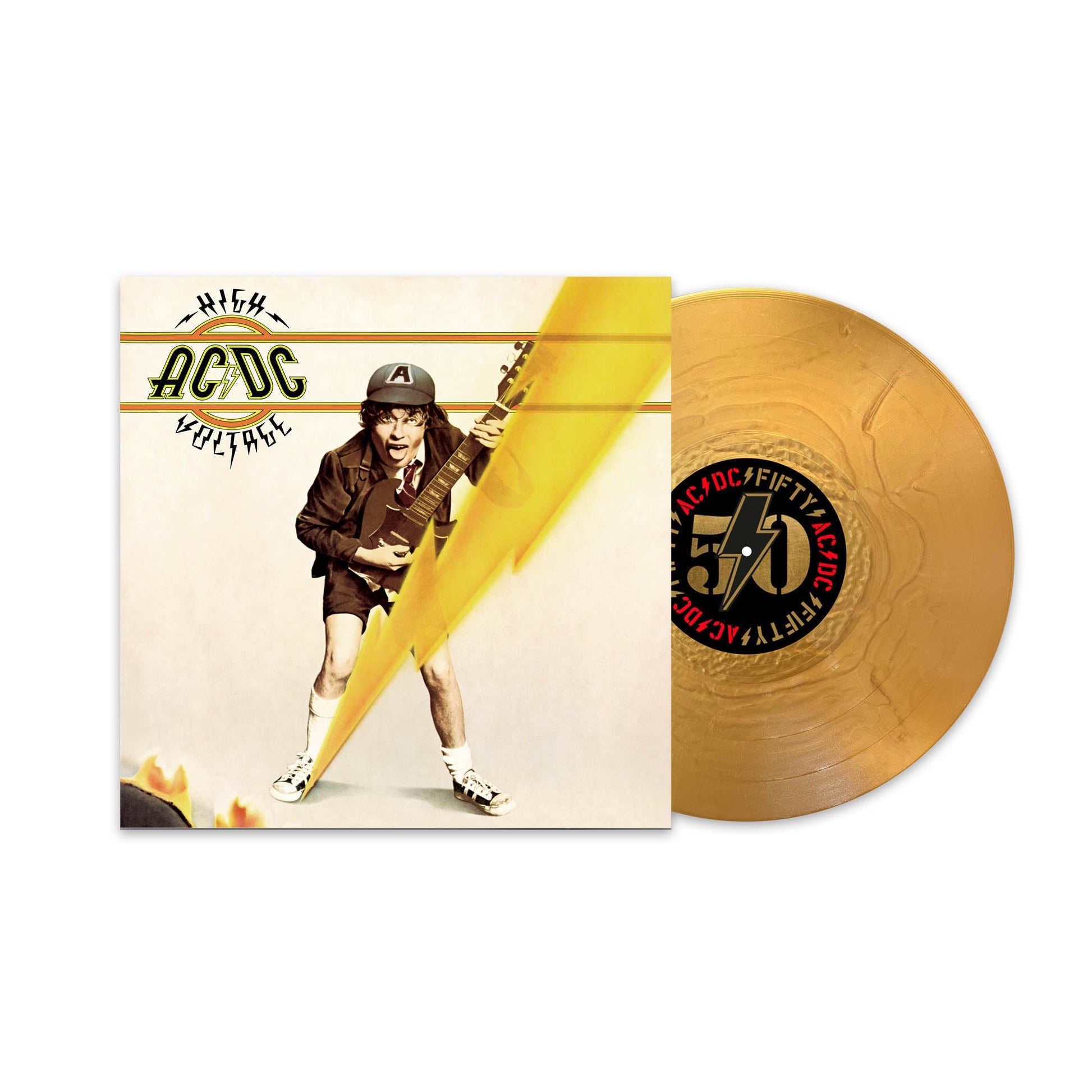 AC/DC “High Voltage” 50th Anniversary vinyl record with gold coloring.