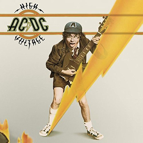 AC/DC “High Voltage” vinyl album cover featuring a guitarist with a lightning bolt.