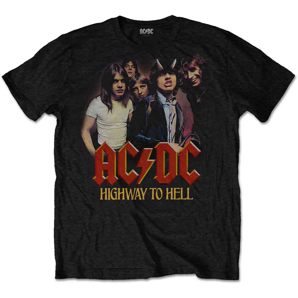 Black AC/DC t-shirt with band image and "Highway to Hell" logo.