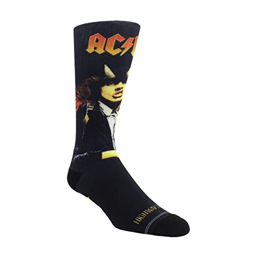 Black AC/DC crew sock featuring Angus Young with devil horns and the band logo.