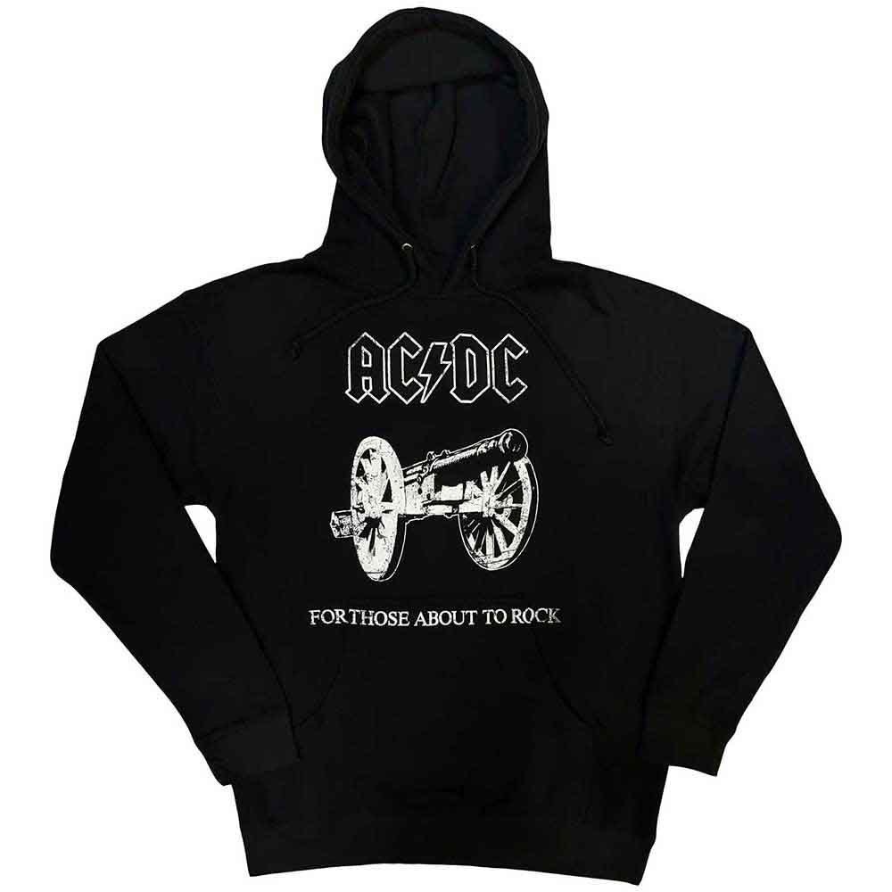 Black hooded sweatshirt with AC/DC logo and cannon graphic.