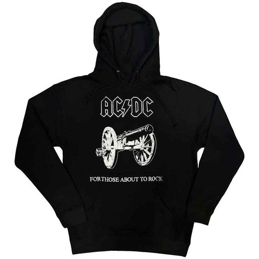 Black hooded sweatshirt with AC/DC logo and cannon graphic.