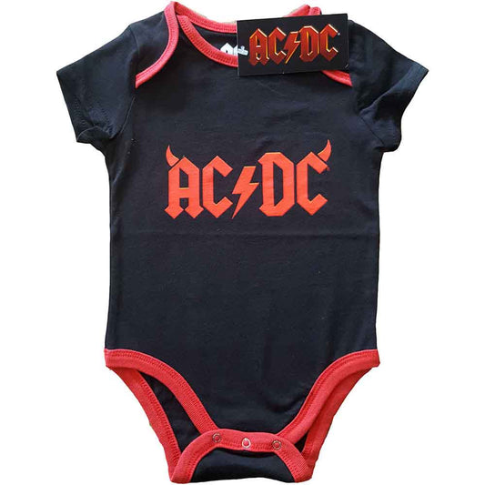 Black baby grow with red trim and AC/DC logo with horns.