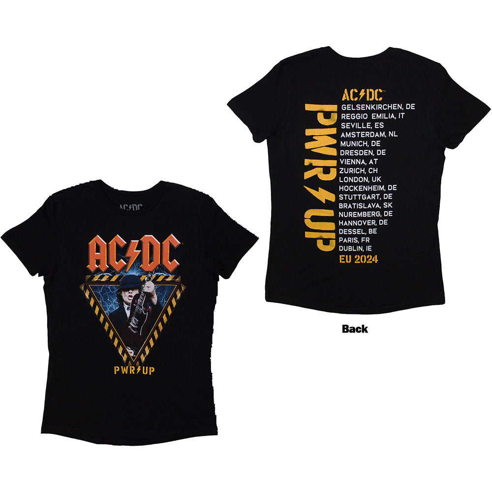 Black AC/DC ladies t-shirt with tour dates and Angus Young triangle back print.