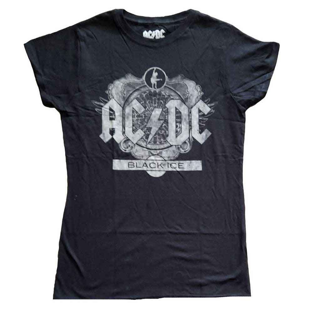 Black AC/DC ladies' t-shirt featuring "Black Ice" album artwork, size XX-Large.