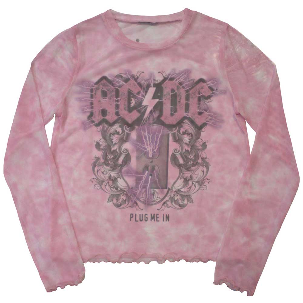 Black AC/DC long sleeve mesh t-shirt with "Plug Me In" graphic, size XX-Large.
