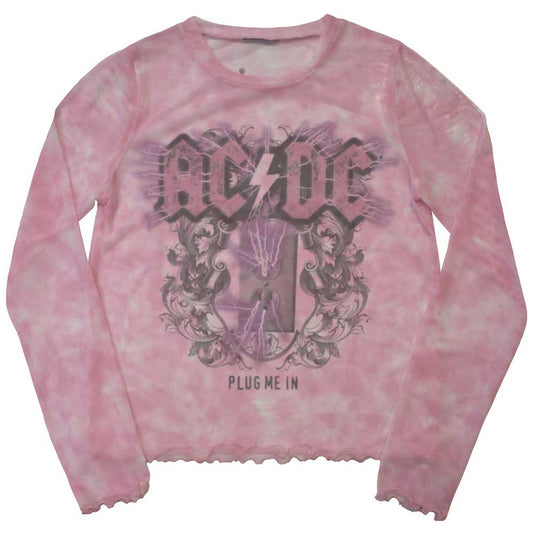 Black AC/DC long sleeve mesh t-shirt with "Plug Me In" graphic, size XX-Large.