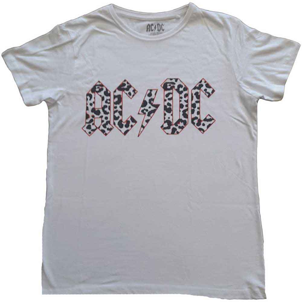 AC/DC ladies t-shirt with black and white leopard print logo.