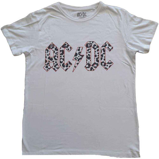 AC/DC ladies t-shirt with black and white leopard print logo.