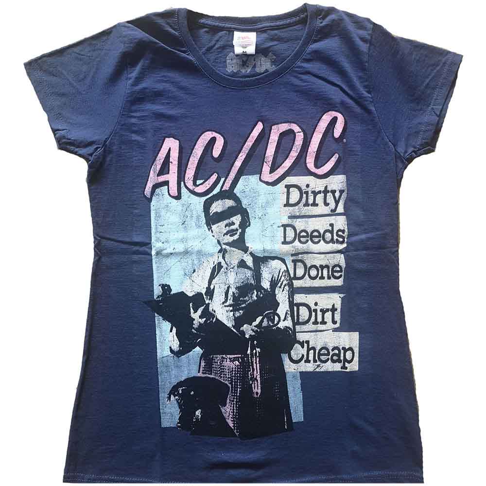 Navy blue women's t-shirt with AC/DC "Dirty Deeds Done Dirt Cheap" graphic.
