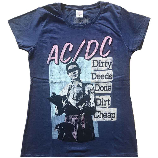 Navy blue women's t-shirt with AC/DC "Dirty Deeds Done Dirt Cheap" graphic.
