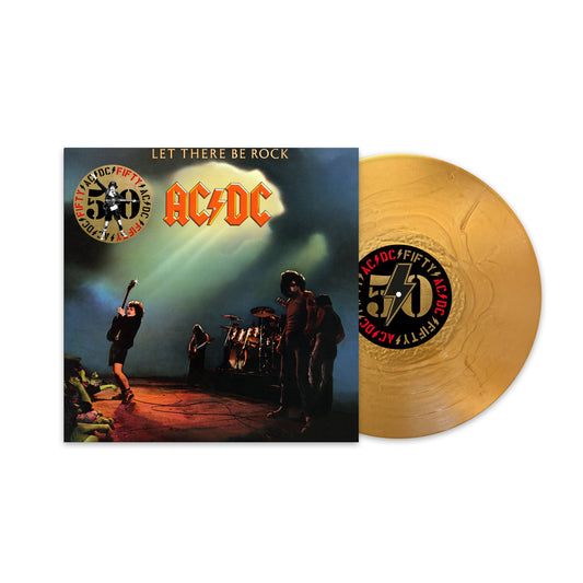 AC/DC Let There Be Rock 50th anniversary album cover and gold vinyl record.