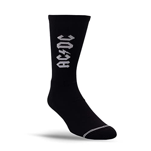 Black crew sock with white AC/DC logo and lightning bolt on the side.