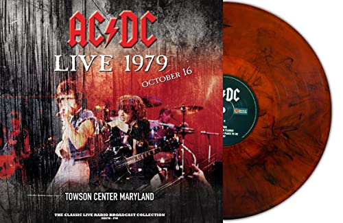 AC/DC live album cover and marbled brown vinyl record shown.
