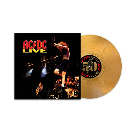 AC/DC "Live" vinyl record with golden disc and concert image.