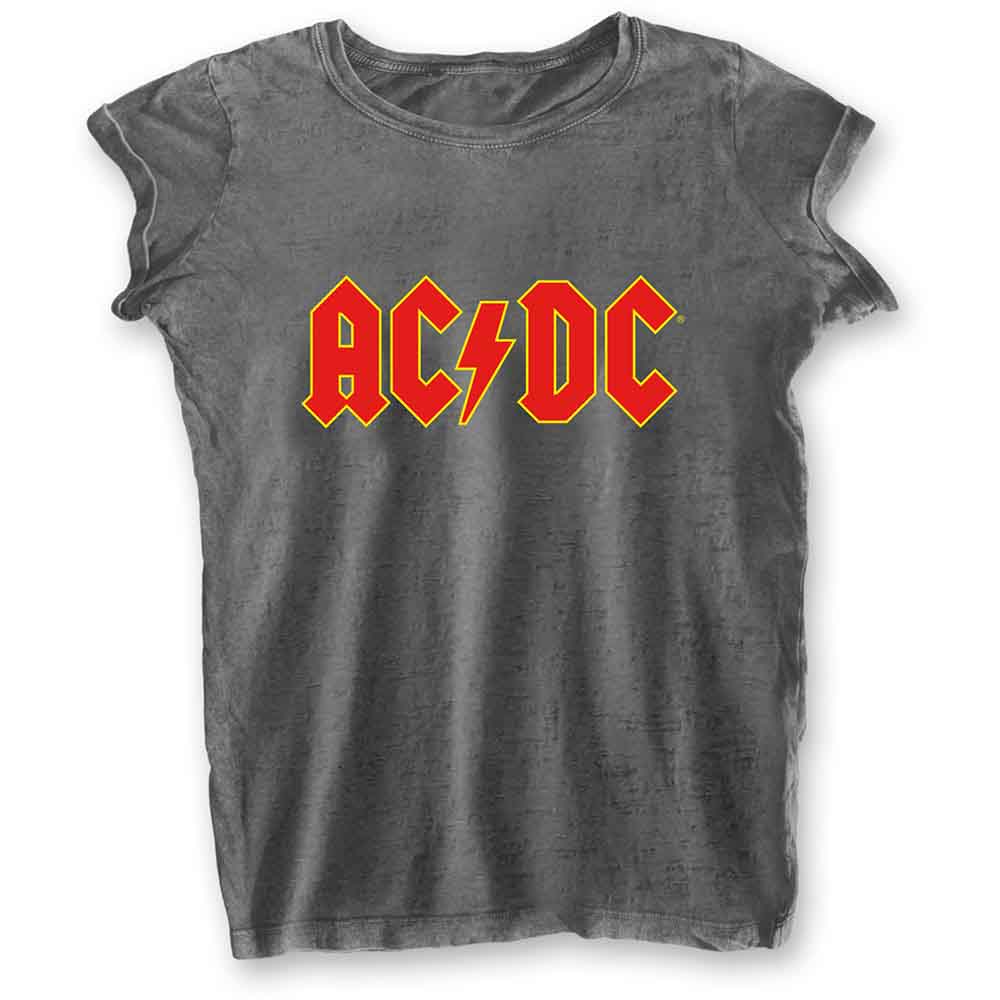 Grey women's t-shirt with a red and yellow AC/DC logo.