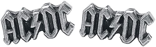Silver-colored AC/DC logo stud earrings, detailed pewter metal design.