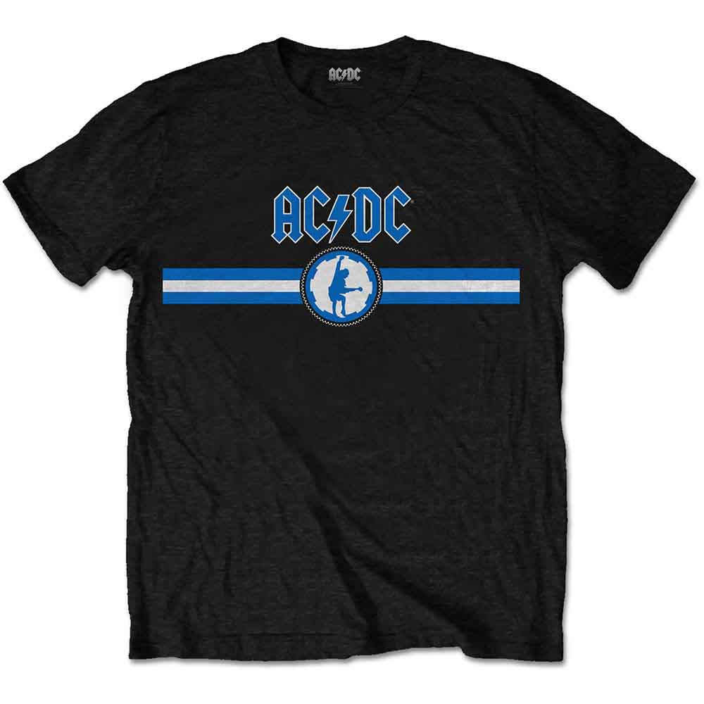 Black AC/DC t-shirt with blue logo and stripe, worn by a man.