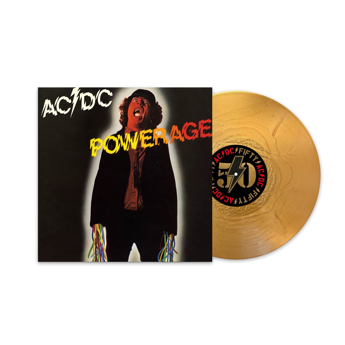 AC/DC “Powerage” 50th Anniversary vinyl record with gold-colored disc.