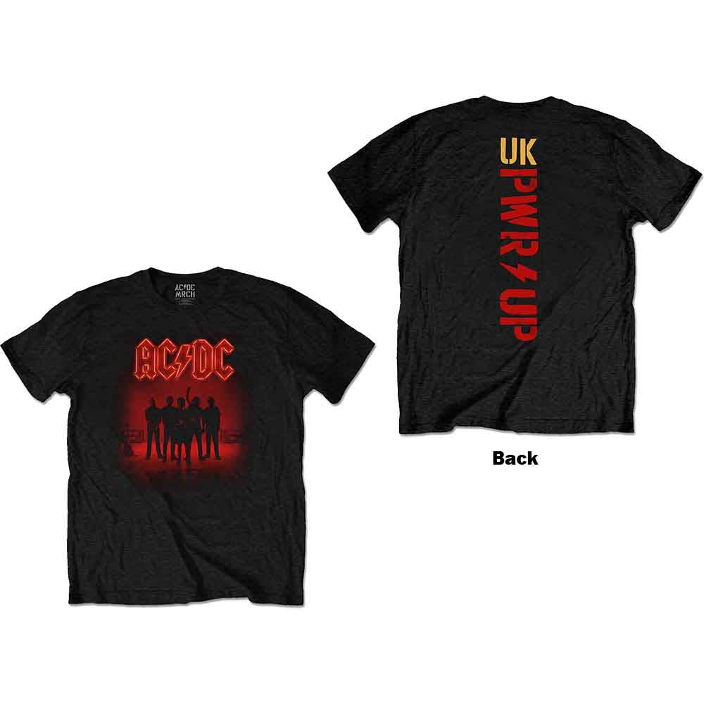 Black AC/DC t-shirt with red logo and band silhouette graphic.