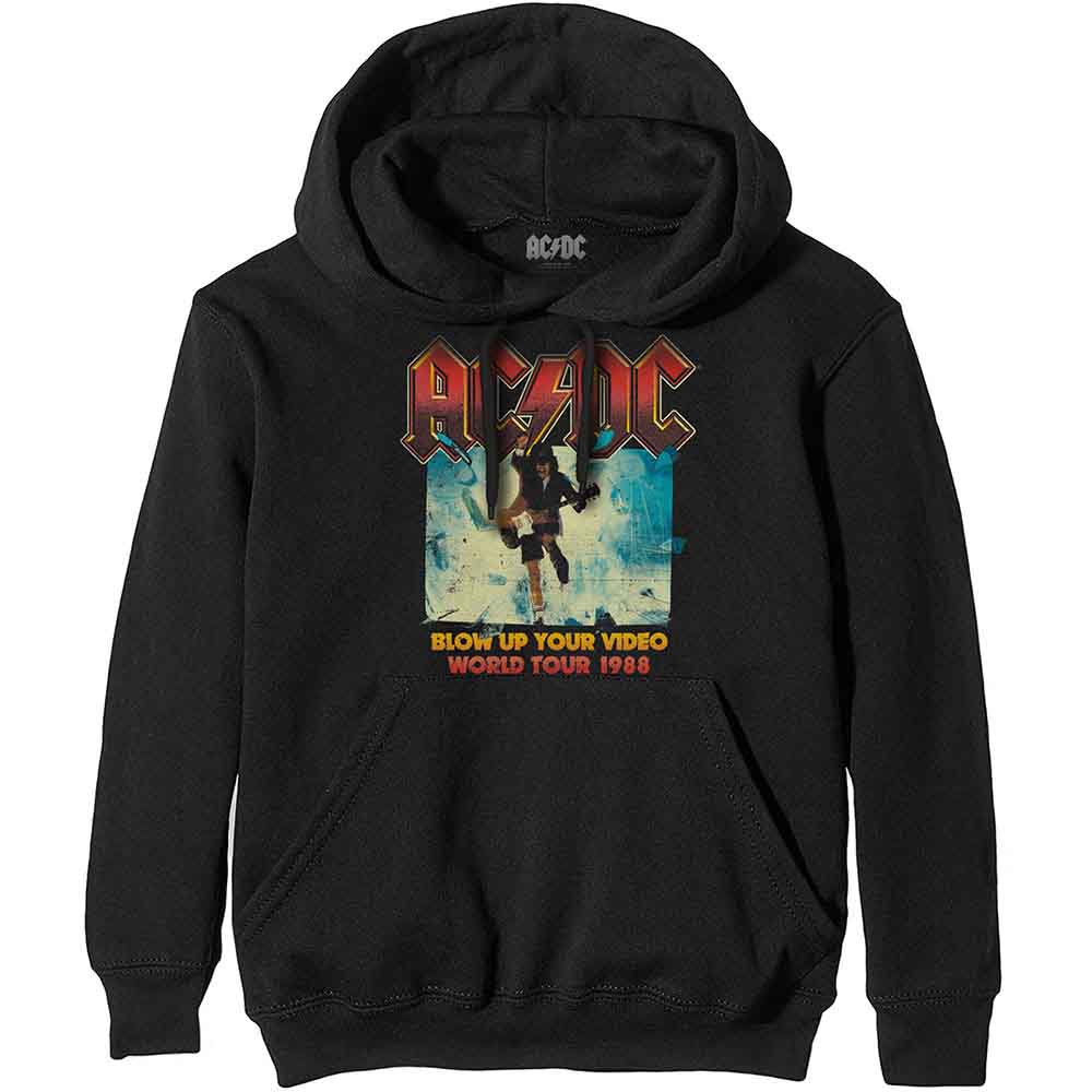 Grey AC/DC hoodie with band logo and "Blow Up Your Video" design.
