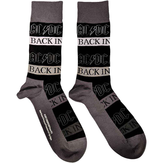 Black sock with repeating AC/DC logo and Back in Black text pattern.