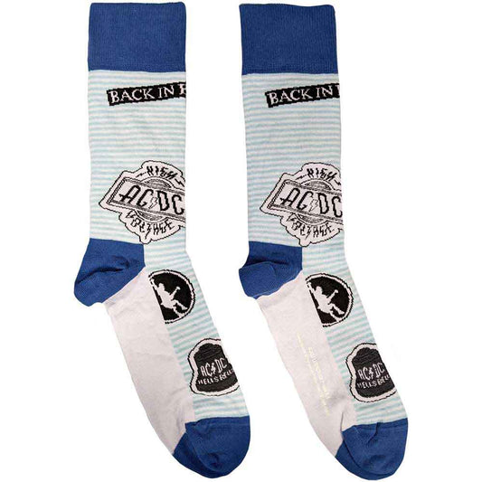Black AC/DC socks with repeating band logos and lightning bolt design.