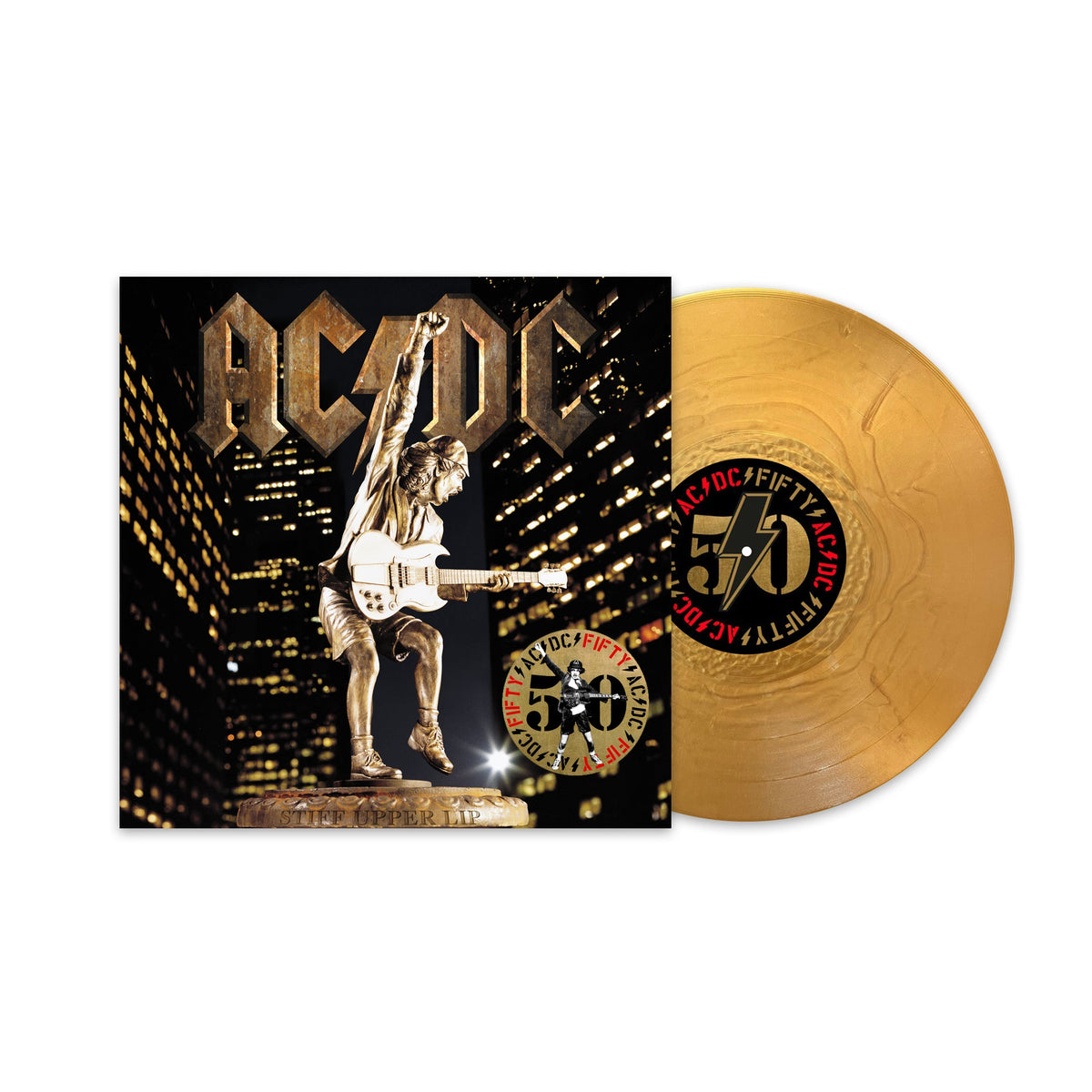 AC/DC “Stiff Upper Lip” gold vinyl record with guitarist image.