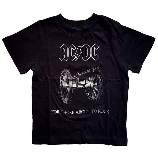 Black AC/DC toddler t-shirt with band logo and cannon graphic.